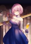  1girl 94_(644534209) balcony bare_shoulders blurry blurry_background blush breasts champagne_flute cleavage cocktail_dress collarbone cup depth_of_field detached_collar detached_sleeves dress drinking_glass eyebrows_visible_through_hair fate/grand_order fate_(series) feet_out_of_frame glint gloves hair_over_one_eye highres holding holding_cup large_breasts lens_flare looking_at_viewer mash_kyrielight night outdoors parted_lips pink_hair purple_dress purple_eyes purple_gloves railing short_hair smile solo sparkle standing strapless strapless_dress 