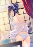  1girl absurdres ass bangs bare_shoulders black_hair blue_eyes blurry blurry_background bra breasts cup curtains eyebrows_visible_through_hair hair_bun highres indoors long_sleeves looking_at_viewer looking_back maid maid_headdress miwabe_sakura mouth_hold off_shoulder original panties scan shiny shiny_hair shirt small_breasts solo teacup teapot thighs tied_hair underwear underwear_only white_shirt window 