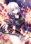  1girl absurdres ahoge bangs black_dress breasts collarbone cowboy_shot dress ear_piercing eyebrows_visible_through_hair fate/grand_order fate_(series) foreshortening fur_trim hair_pull highres holding holding_sword holding_weapon jacket jeanne_d&#039;arc_(alter)_(fate) jeanne_d&#039;arc_(fate)_(all) jewelry keigen_hichou large_breasts looking_at_viewer necklace open_clothes open_jacket pale_skin parted_lips piercing pulling short_dress short_hair smile solo_focus sword thighs weapon white_hair yellow_eyes 