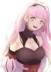  1girl breasts cleavage earrings fire_emblem fire_emblem:_three_houses hilda_valentine_goneril jewelry long_hair namerow_chang open_mouth pink_eyes pink_hair ponytail simple_background solo upper_body white_background 
