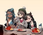  3girls beige_background black_hair black_jacket curry curry_rice dark_skin eating food gogalking grey_cardigan highres jacket leaning_on_person mary_(pokemon) multicolored_hair multiple_girls pepper pokemon pokemon_(game) pokemon_swsh rice rurina_(pokemon) simple_background spicy sweat tam_o&#039;_shanter two-tone_hair yuuri_(pokemon) 