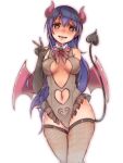  1girl absurdres anchan arm_behind_back bangs black_gloves blue_hair blush bow bowtie breasts brown_eyes corruption covered_nipples cum cum_in_mouth cum_on_tongue cumdrip demon_girl demon_horns demon_tail demon_wings elbow_gloves eyebrows_visible_through_hair fishnet_legwear fishnets frills gloves hair_between_eyes heart heart-shaped_pupils highres horns knees_together leotard long_hair looking_at_viewer love_live! love_live!_school_idol_project medium_breasts navel navel_cutout nipples open_mouth pantyhose pubic_tattoo pussy red_bow red_neckwear revision see-through sheer_leotard simple_background solo sonoda_umi symbol-shaped_pupils tail tattoo tears thighlet tongue tongue_out w white_background wings 
