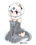  1girl animal_ears bare_shoulders black_gloves black_hair black_legwear black_swimsuit blue_neckwear blush bow bowtie californian_sea_otter_(kemono_friends) detached_sleeves eyebrows_visible_through_hair frilled_swimsuit frills fur_collar gloves grey_eyes hair_ornament kemono_friends looking_at_viewer multicolored_hair one-piece_swimsuit otter_ears otter_tail panzuban shell_hair_ornament short_hair sitting smile solo swimsuit tail thighhighs toeless_legwear twitter_username wariza white_hair zettai_ryouiki 