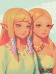  2girls barefoot bellhenge blonde_hair blue_eyes collar dress dual_persona green_eyes jewelry lips looking_at_viewer multiple_girls pointy_ears princess_zelda the_legend_of_zelda the_legend_of_zelda:_breath_of_the_wild the_legend_of_zelda:_skyward_sword 