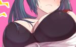  1girl blue_hair blush bra breasts cleavage close-up commentary_request cropped hair_over_breasts isuzu_(kantai_collection) kantai_collection long_hair open_clothes simple_background solo sweatdrop takahashi_meishin twintails underwear 