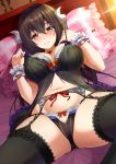  1girl azur_lane bangs black_babydoll black_hair black_legwear black_panties blush breasts eyebrows_visible_through_hair garter_belt hair_between_eyes hands_up horns jewelry large_breasts long_hair looking_at_viewer lying mikasa_(azur_lane) navel necklace on_back panties shibata_rai smile solo spread_legs thighs underwear underwear_only wrist_cuffs 