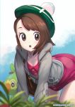  1girl absurdres all_fours backpack bag bangs blush breasts brown_eyes brown_hair cardigan collarbone dress gen_8_pokemon gradient gradient_background grass green_headwear grey_cardigan grookey hat highres long_sleeves looking_at_viewer ninnin_(shishitou) open_mouth pink_dress poke_ball pokemon pokemon_(game) pokemon_swsh short_hair small_breasts swept_bangs tam_o&#039;_shanter thighs yuuri_(pokemon) 