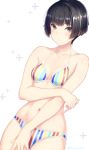  1girl arm_across_waist bangs bare_arms bare_shoulders bikini black_hair blush bob_cut breasts brown_eyes cleavage closed_mouth collarbone colored_stripes commentary_request cowboy_shot eyebrows_visible_through_hair highres kobayakawa_rinko looking_at_viewer love_plus masaoka_misaki multicolored multicolored_bikini multicolored_clothes navel plus_sign short_hair simple_background solo striped swimsuit twitter_username vertical-striped_bikini vertical_stripes white_background 