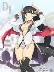  1girl arms_up bangs black_choker black_hair black_legwear blue_panties blunt_bangs blurry blurry_background blush breasts bright_pupils choker cleavage closed_mouth commentary_request copyright_request demon_horns demon_tail demon_wings eyebrows_visible_through_hair feet_out_of_frame heart heart_choker highres horns jacket kimura_shigetaka large_breasts long_hair long_sleeves looking_at_viewer mole mole_under_mouth no_bra no_pants panties pink_wings pointy_ears single_sidelock skindentation smile solo sparkle standing tail thighhighs thighs underwear very_long_hair white_jacket wings 