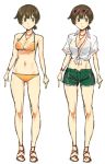  1girl alternate_costume bare_shoulders bikini bracelet breasts brown_hair cleavage full_body green_shorts hiryuu_(kantai_collection) jewelry kantai_collection large_breasts looking_at_viewer midriff multiple_views navel necklace poco_(backboa) sandals short_hair shorts simple_background smile sunglasses swimsuit white_background yellow_bikini 
