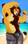  armpit_hair beach belly black_mane body_hair bottomwear clothing dad_lion daddy_lion eyewear father felid feline flexing glasses happy_trail hi_res jeans lion male mammal mane muscular muscular_male pantherine pants parent sand sea seaside tarolyon thick_thighs thong underwear unzipped_pants water 