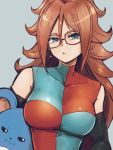  1girl android_21 blue_background blue_eyes breasts checkered checkered_dress dragon_ball dragon_ball_fighterz dress earrings gen_2_pokemon glasses hair_between_eyes hoop_earrings jewelry kemachiku long_hair looking_at_viewer marill medium_breasts pokemon pokemon_(creature) red_hair simple_background upper_body yellow_earrings 
