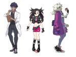  1girl 2boys beard beet_(pokemon) black_footwear black_hair black_shirt black_vest boots clipboard crop_top curly_hair dark_skin dark_skinned_male english_commentary facial_hair fingerless_gloves full_body glasses gloves gym_leader highres holding holding_poke_ball hop_(pokemon) jacket_on_shoulders labcoat legwear_under_shorts mary_(pokemon) multiple_boys older pants pantyhose pigeon-toed poke_ball poke_ball_(generic) pokemon pokemon_(game) pokemon_swsh sgrimp shirt shoes shorts sneakers studded_vest sweatpants vest white_hair yellow_eyes 