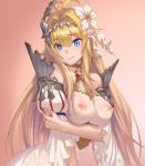  1girl ahoge armor bare_shoulders blonde_hair blue_eyes breasts detached_sleeves dress eyebrows_visible_through_hair flower gradient gradient_background granblue_fantasy gwtm2288 hair_between_eyes hair_flower hair_intakes hair_ornament hand_on_own_arm highres jeanne_d&#039;arc_(granblue_fantasy) nipples pink_background see-through solo wet wet_clothes white_dress 