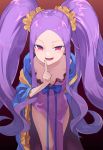  1girl bangs bare_shoulders blush breasts chinese_clothes collarbone dress fate/grand_order fate_(series) forehead gradient gradient_background hair_ornament hair_scrunchie hanfu highres index_finger_raised leaning_forward long_hair looking_at_viewer open_mouth parted_bangs pelvic_curtain purple_dress purple_hair sash scrunchie sidelocks small_breasts smile solo thighs twintails usuaji very_long_hair wu_zetian_(fate/grand_order) yellow_scrunchie 