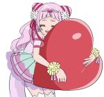  1girl :d ^_^ ^o^ back_bow bangs bare_shoulders blunt_bangs bow closed_eyes clover_earrings cure_yell detached_sleeves double_bun eyelashes flower hair_flower hair_ornament hair_ribbon heart heart_hair_ornament hug hugtto!_precure leaning_forward lipstick magical_girl makeup nono_hana open_mouth pink_hair pink_skirt pom_poms precure red_ribbon ribbon simple_background skirt smile solo star_twinkle_precure teliot thighhighs white_background white_legwear 