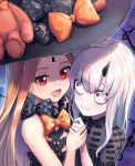  2girls :d abigail_williams_(fate/grand_order) bangs black_bow black_dress black_headwear blonde_hair bow closed_mouth commentary_request dress eye_contact fate/grand_order fate_(series) hands_up hat hat_bow highres holding_hands horn kurageso lavinia_whateley_(fate/grand_order) long_hair looking_at_another multiple_girls open_mouth orange_bow parted_bangs polka_dot polka_dot_bow purple_eyes red_eyes revealing_clothes short_sleeves smile stuffed_animal stuffed_toy teddy_bear upper_body white_hair wide-eyed witch_hat 