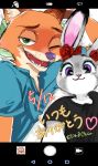  2018 anthro canid canine clothed clothing disney duo female fox fur green_eyes hi_res japanese_text judy_hopps lagomorph leporid male mammal munya_chuu nick_wilde one_eye_closed purple_eyes rabbit selfie text translation_request wink zootopia 