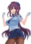  1girl alternate_costume arms_up bangs belt belt_buckle blue_headwear blue_neckwear blue_shirt blue_skirt blush breast_pocket breasts buckle collared_shirt commentary cowboy_shot damda emblem eyebrows_visible_through_hair fate/grand_order fate_(series) gloves hair_intakes large_breasts long_hair looking_to_the_side necktie open_mouth orange_legwear panties pantyhose pantyshot pantyshot_(standing) pencil_skirt pocket police police_uniform policewoman purple_eyes red_eyes scathach_(fate)_(all) scathach_(fate/grand_order) shirt simple_background skirt solo speech_bubble standing symbol_commentary teeth thighband_pantyhose tongue translated underwear uniform very_long_hair white_background white_gloves 