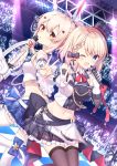  2girls ;d absurdres arm_warmers ayanami_(azur_lane) ayanami_(troubled_star_idol)_(azur_lane) azur_lane bare_shoulders belt black_skirt blonde_hair blue_eyes blue_footwear blue_skirt bow breasts brown_legwear checkered checkered_floor crop_top detached_sleeves dutch_angle frilled_skirt frills gloves glowstick hair_bow hair_ornament hat headgear highres holding holding_microphone holding_sword holding_weapon idol leg_up long_hair long_sleeves looking_at_viewer looking_back medium_breasts microphone midriff mini_hat miniskirt multiple_girls navel one_eye_closed open_mouth orange_eyes plaid plaid_skirt pleated_skirt ponytail shirt shoes short_hair skirt sleeveless sleeveless_shirt smile stage_lights stomach sword takeg05 thighhighs top_hat v weapon white_gloves white_legwear white_shirt wide_sleeves wing_collar z23_(azur_lane) z23_(serious_idol_-_is_she_also_the_manager!?)_(azur_lane) zettai_ryouiki 
