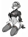  1girl 23i2ko absurdres black_gloves black_hair black_legwear blue_eyes cleavage_cutout closed_mouth covered_navel gloves grey_hair hair_over_one_eye hairband highres leotard nier_(series) nier_automata short_hair signature simple_background sitting solo thighhighs white_backpack white_leotard yorha_no._2_type_b 