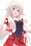  1girl :d ahoge black_shirt blush breasts chiya_(urara_meirochou) collarbone covered_navel fang hair_between_eyes hands_up ixy long_hair looking_at_viewer medium_breasts open_mouth red_eyes red_ribbon ribbon shirt simple_background smile solo urara_meirochou white_background white_hair 