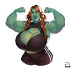  big_biceps big_breasts boosterpang braided_hair breasts brown_eyes cleavage clothed clothing female flexing green_body green_skin hair hi_res huge_breasts humanoid lips looking_at_viewer midriff muscular muscular_female orc penny_underbust red_hair smile thick_lips tusks 
