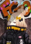  1girl abigail_williams_(fate/grand_order) bangs black_bow black_jacket blonde_hair blue_eyes bow brick_wall commentary_request copyright_name covered_mouth crossed_bandaids fate/grand_order fate_(series) graffiti hair_bow hair_bun heroic_spirit_traveling_outfit highres idoke_kaeru jacket looking_at_viewer orange_bow parted_bangs polka_dot polka_dot_bow solo star upper_body 