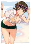  :p alternate_costume alternate_hairstyle bracelet breasts brown_eyes brown_hair cleavage eyewear_on_head green_shorts highres hiryuu_(kantai_collection) jewelry kantai_collection large_breasts looking_at_viewer necklace orange_bikini_top poco_(backboa) ring short_hair short_shorts short_sleeves shorts sunglasses tongue tongue_out wedding_band wet wet_clothes 