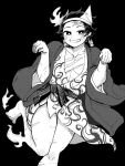  1boy ahan712 barefoot bath_yukata black_background cosplay earrings floating ghost greyscale grin hanten_(clothes) highres japanese_clothes jewelry kamado_tanjirou kimetsu_no_yaiba kimono leg_up looking_at_viewer male_focus monochrome scar simple_background smile triangular_headpiece yukata yunohana_yuuna yunohana_yuuna_(cosplay) yuragisou_no_yuuna-san 