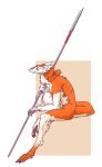  2019 4_fingers absurd_res annoyance digital_media_(artwork) fingers fur hi_res holding_object male melee_weapon nakk nude orange_body orange_fur polearm sergal simple_background spear tuft weapon 