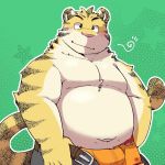  1:1 2019 anthro belly blush bottomwear bulge clothing felid green_bell humanoid_hands inakamichi male mammal moobs navel overweight overweight_male pantherine pants pink_nose solo tiger underwear 