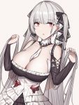 1girl :o absurdres azur_lane bangs bare_shoulders between_breasts black_dress breasts choker cleavage dress earrings eyebrows_visible_through_hair formidable_(azur_lane) frilled_dress frills grey_hair hair_grab highres jewelry large_breasts long_hair long_sleeves looking_at_viewer red_eyes siu_(siu0207) solo twintails two-tone_dress two-tone_ribbon underbust upper_body very_long_hair 