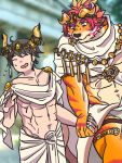  abs adddamen blush clothing felid hand_holding hi_res horn human jewelry male male/male mammal muscular muscular_male navel nomad_(tas) pantherine pecs tiger toga tokyo_afterschool_summoners twink_protagonist_(tas) video_games 