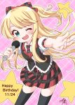  1girl bangs birthday blonde_hair blush bow child collar commentary_request eyebrows_visible_through_hair frilled_skirt frills green_eyes hair_bow happy_birthday highres himesaka_noa holding holding_microphone long_hair looking_at_viewer microphone music necktie one_eye_closed open_mouth outstretched_arm outstretched_hand plaid plaid_background plaid_bow plaid_neckwear plaid_skirt short_sleeves signature singing sketch skirt smile solo star thick_eyebrows thighhighs usagi_koushaku vest watashi_ni_tenshi_ga_maiorita! white_collar 