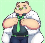  2019 anthro blush bottomwear clothing eyewear glasses green_eyes hi_res humanoid_hands kusosensei leib_(tas) male mammal necktie overweight overweight_male pants polar_bear shirt solo tokyo_afterschool_summoners topwear ursid ursine video_games 