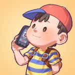  1boy arm_behind_back backpack bag baseball_cap black_eyes black_hair cellphone closed_mouth hat male_focus mother_(game) mother_2 ness orange_background phone pockypalooza red_headwear shirt simple_background smartphone solo striped striped_shirt super_smash_bros. t-shirt upper_body yellow_pupils 