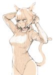  1girl absurdres animal_ears arms_up blush breasts cat_ears cat_girl cat_tail final_fantasy final_fantasy_xiv haimerejzero hair_ribbon highres leotard long_sleeves medium_breasts miqo&#039;te monochrome ribbon short_hair sweater tail thighs turtleneck y&#039;shtola_rhul 