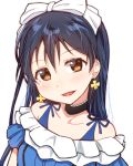  1girl bangs bare_shoulders black_choker blue_dress blue_hair blush bow choker commentary_request dress earrings eyebrows_visible_through_hair frilled_choker frilled_dress frilled_sleeves frills hair_between_eyes hair_bow hair_ornament jewelry long_hair looking_at_viewer love_live! love_live!_school_idol_project open_mouth short_sleeves simple_background skull573 smile solo sonoda_umi white_background white_bow yellow_eyes 