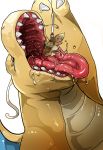  2019 ambiguous_gender bodily_fluids digital_drawing_(artwork) digital_media_(artwork) dragon dragonite duo eevee feral hi_res hiore larger_pred macro mammal nintendo open_mouth oral_vore pok&eacute;mon pok&eacute;mon_(species) saliva simple_background size_difference slightly_chubby soft_vore tongue tongue_out video_games vore white_background 