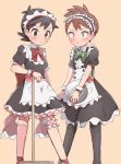  2boys alternate_costume apron black_dress black_eyes black_hair blush brown_eyes brown_hair crossdressing dress enmaided frilled_apron frills highres holding holding_tray kakeru_(pokemon) maid maid_apron maid_headdress mop multiple_boys pokemon pokemon_(game) pokemon_lgpe puffy_short_sleeves puffy_sleeves shin_(pokemon) short_hair short_sleeves thighhighs tray waist_apron white_apron 