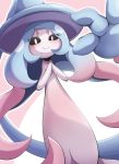  2019 black_sclera blue_hair blush clothing dress eyelashes featureless_hands female hair hands_together hat hatterene headgear headwear long_hair looking_at_viewer lucas_b_air nintendo pink_background pink_hair pok&eacute;mon pok&eacute;mon_(species) simple_background smile solo tentacles video_games witch_hat 