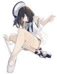  1girl ballet_slippers bangs black_hair blue_eyes bow hat holding holding_ribbon lace lace-trimmed_panties looking_at_viewer medium_hair midriff nineo no_pants original panties ribbon sailor_hat shoes shoulder_cutout simple_background sitting solo tying_shoes underwear yellow_panties 