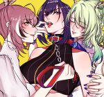  3girls brown_hair ceres_fauna closed_eyes from_side highres hololive hololive_english leash leash_pull multiple_girls nail_polish nanashi_mumei notziegler ouro_kronii smile tongue tongue_out virtual_youtuber yellow_background 