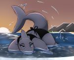  2019 anthro bikini blue_eyes butt clothed clothing dorsal_fin eyelashes female fin fish front_view half-closed_eyes hi_res honeymono looking_at_viewer lying marine on_front partially_submerged pinup pose sea seductive shark slightly_chubby solo sunset swimwear thick_tail tongue tongue_out water 