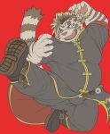  2019 anthro bottomwear bulge clothing eyewear felid fur glasses hi_res humanoid_hands licho_(tas) m0000rgn male mammal overweight overweight_male pantherine pants red_background simple_background solo tiger tokyo_afterschool_summoners video_games white_body white_fur 