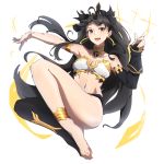  absurdres ameneshi armlet asymmetrical_legwear asymmetrical_sleeves bangs black_bikini_bottom crown detached_sleeves earrings elbow_gloves fate/grand_order fate_(series) feet gloves heavenly_boat_maanna highres hoop_earrings infinity ishtar_(fate/grand_order) jewelry long_legs neck_ring parted_bangs single_detached_sleeve single_elbow_glove single_sleeve single_thighhigh thighhighs two_side_up 