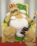  2019 absurd_res anthro balls belly big_balls brown_body brown_fur canid canine censored crown erection fur green_eyes hi_res male mammal moobs nipples overweight overweight_male penis raccoon_dog rockmai3 sengoku_puzzle sitting solo tanuki tokugawa_ieyasu 
