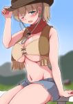  1girl ;d alternate_costume alumina1863 blue_eyes blue_shorts blush breasts brown_hair brown_headwear cleavage cow_girl cowboy_hat denim denim_shorts eyebrows_visible_through_hair hat intrepid_(kantai_collection) kantai_collection large_breasts looking_at_viewer midriff navel one_eye_closed open_mouth ponytail red_scarf scarf short_hair short_shorts shorts sitting smile solo underboob 