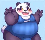  2019 alp_(tas) anthro belly blush clothed clothing cute_fangs fur giant_panda hi_res japanese_text kusosensei male mammal overweight overweight_male purple_body purple_fur simple_background solo text tokyo_afterschool_summoners ursid video_games white_body white_fur 
